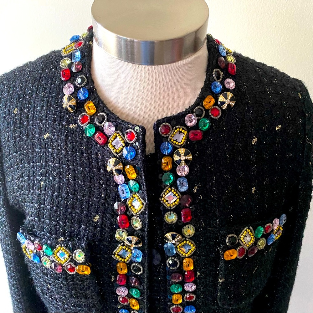 1980’s Berek Black and Gold Tweed Embellished with Colored Rhinestones sz PM